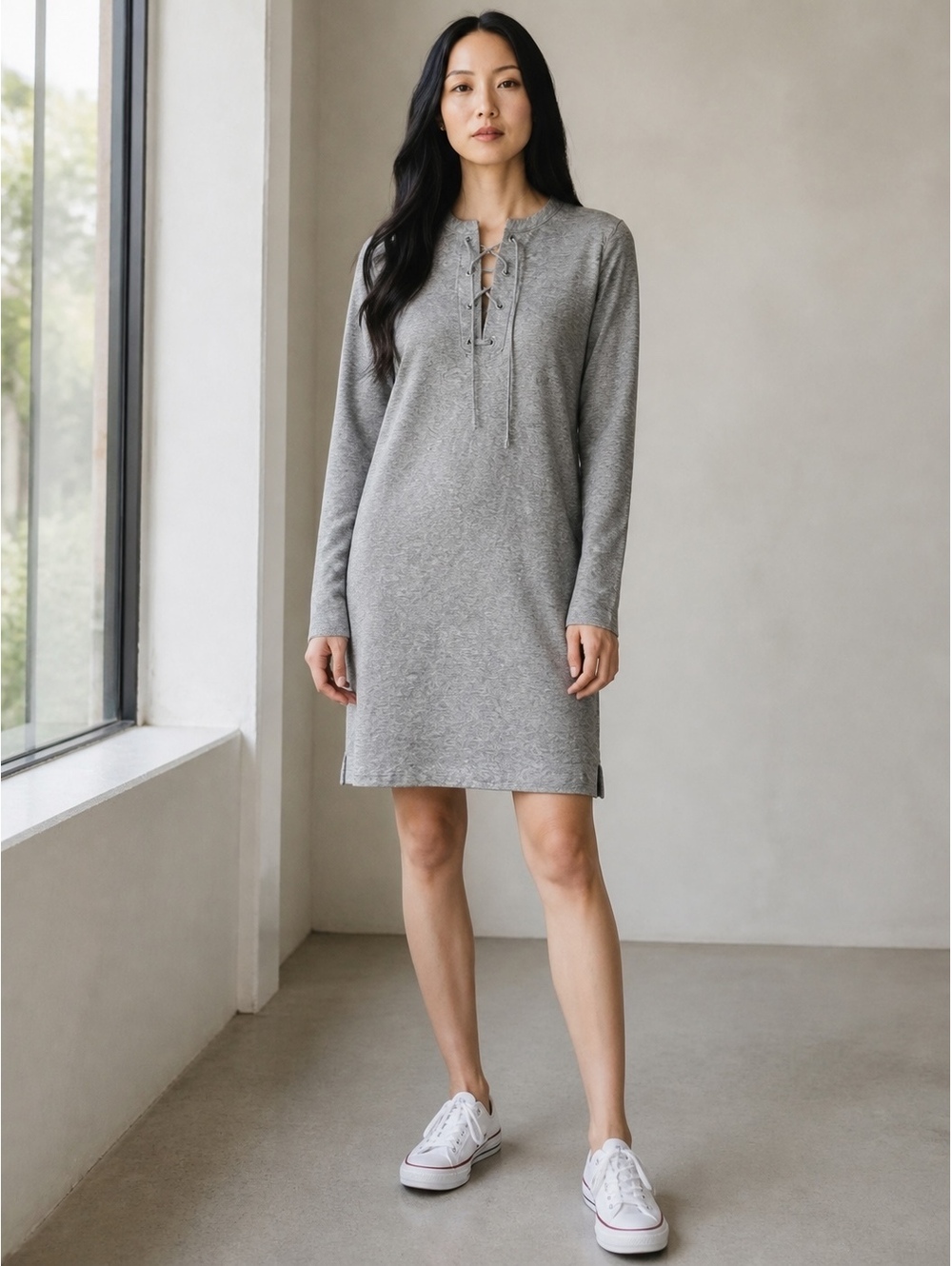 Mercantile Gray Long Sleeve Lace-Up Casual Dress XS